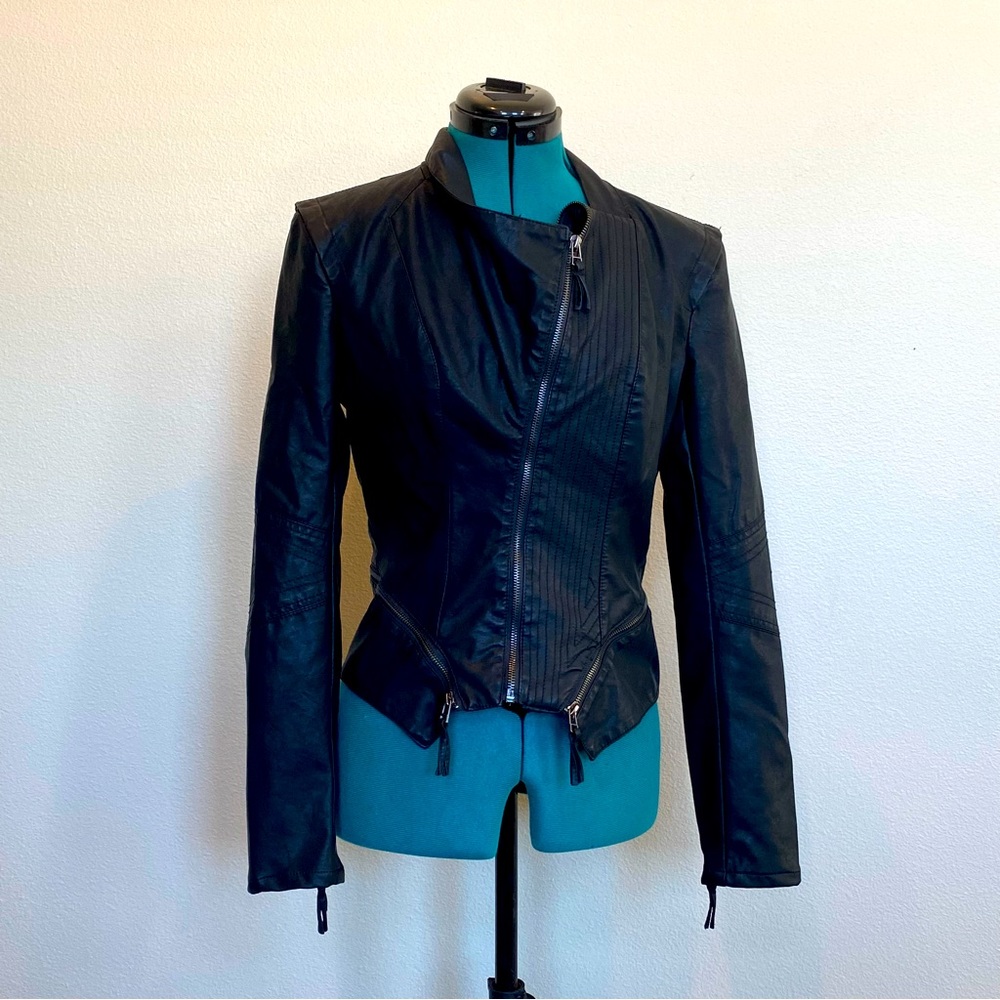 BLANKNYC Women’s Faux Leather Moto Jacket w/Asymmetrical Zipper in Center Size S